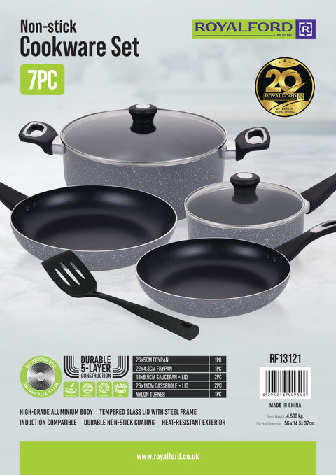 7-Piece Granite Nonstick Cookware Set with Frying Pans, Saucepan & Casserole | Induction Compatible Aluminum Cookware with Tempered Glass Lid | Durable Non-Stick Kitchen Cooking Set Granite Grey