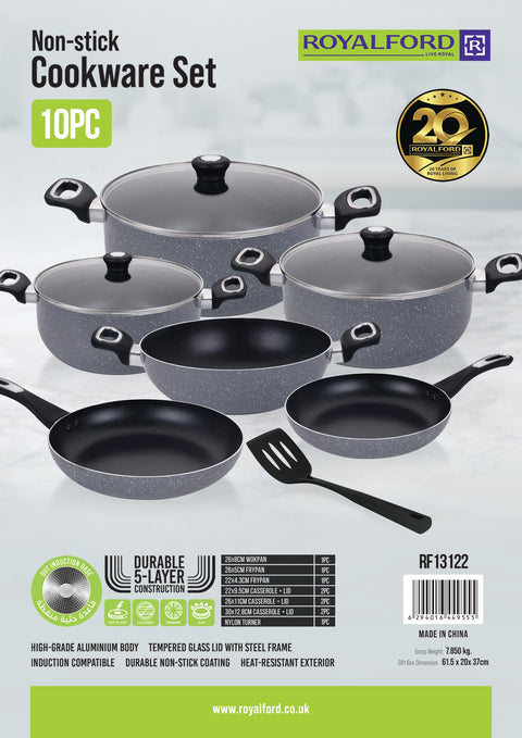 10-Piece Granite Aluminum Nonstick Cookware Set | 5-Layer Durable Construction | Dot Induction Base | Tempered Glass Lids | Induction Compatible Granite Grey