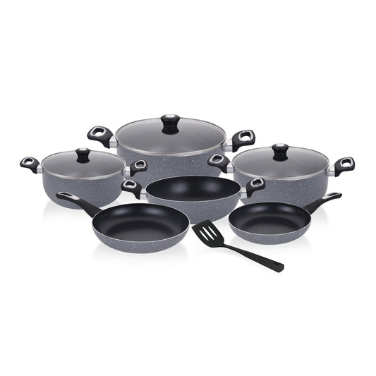 10-Piece Granite Aluminum Nonstick Cookware Set | 5-Layer Durable Construction | Dot Induction Base | Tempered Glass Lids | Induction Compatible Granite Grey