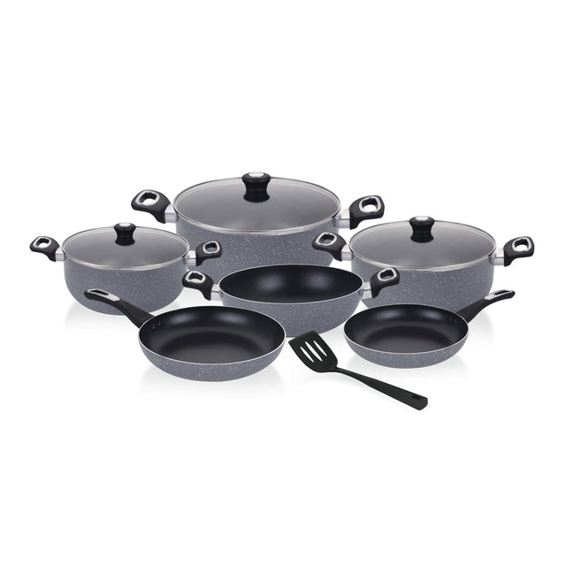 10-Piece Granite Aluminum Nonstick Cookware Set | 5-Layer Durable Construction | Dot Induction Base | Tempered Glass Lids | Induction Compatible Granite Grey