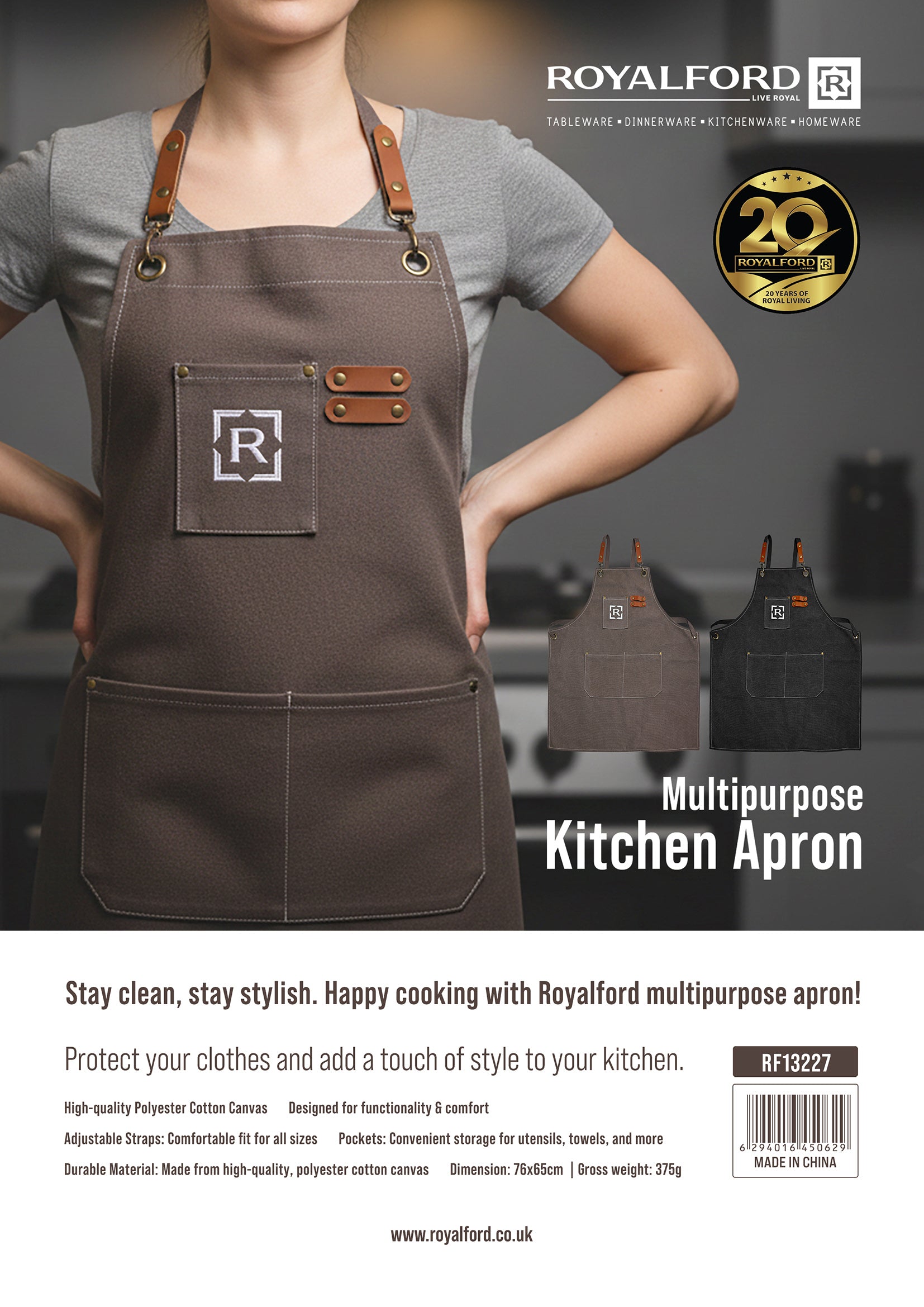 Royalford Multipurpose Kitchen Apron- RF13227/ 76x65 cm, Polyester Cotton Fabric, with Adjustable Straps, Comfortable Fit for all Sizes/ with Pockets, Perfect for Cooking, Baking, Crafting, Cleaning, etc./ Black