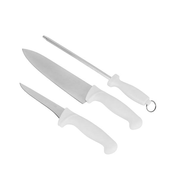 Royalford Kitchen Knife Set- RF13228/ Pack of 3, Includes 5" Boning, 8" Chef Knives and 8" Sharpener/ Sharp Blades, Ergonomic Design with Comfortable PP Handle and Stainless Steel Head/ Perfect for Residential and Commercial Use/ White