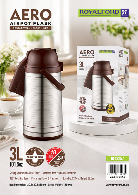 Royalford 3.0 L Aero Airpot Flask- RF13257/ 360-Degree Rotating Base, Asbestos-Free Glass Inner/ Keeps the Drink Hot for 18 Hour and Cold for 24 Hours/ Suitable for Indoor and Outdoor Use/ Brown and silver