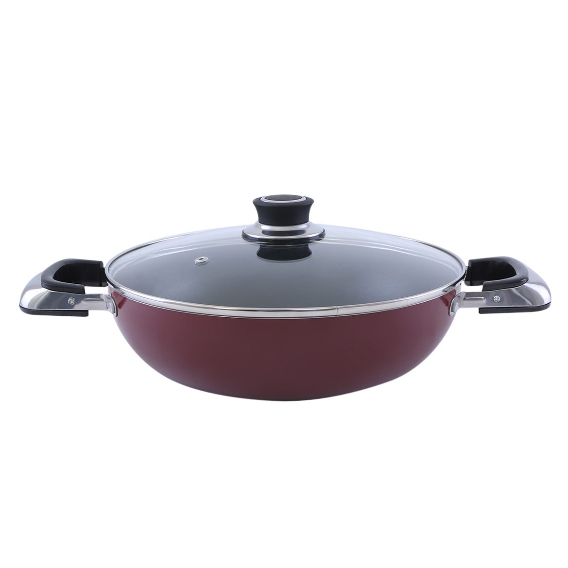 Wok Pan With Glass Lid Pfoa Free Lead Free 3 Layer Non-Stick Coating Cd Bottom Heat-Resistant Exterior Strong Bakelite Handle Premium Quality Aluminium Multi Color 30X8.5Cm Multi Color