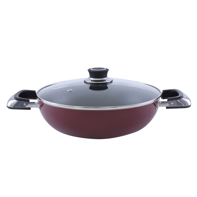 Wok Pan With Glass Lid Pfoa Free Lead Free 3 Layer Non-Stick Coating Cd Bottom Heat-Resistant Exterior Strong Bakelite Handle Premium Quality Aluminium Multi Color 30X8.5Cm Multi Color