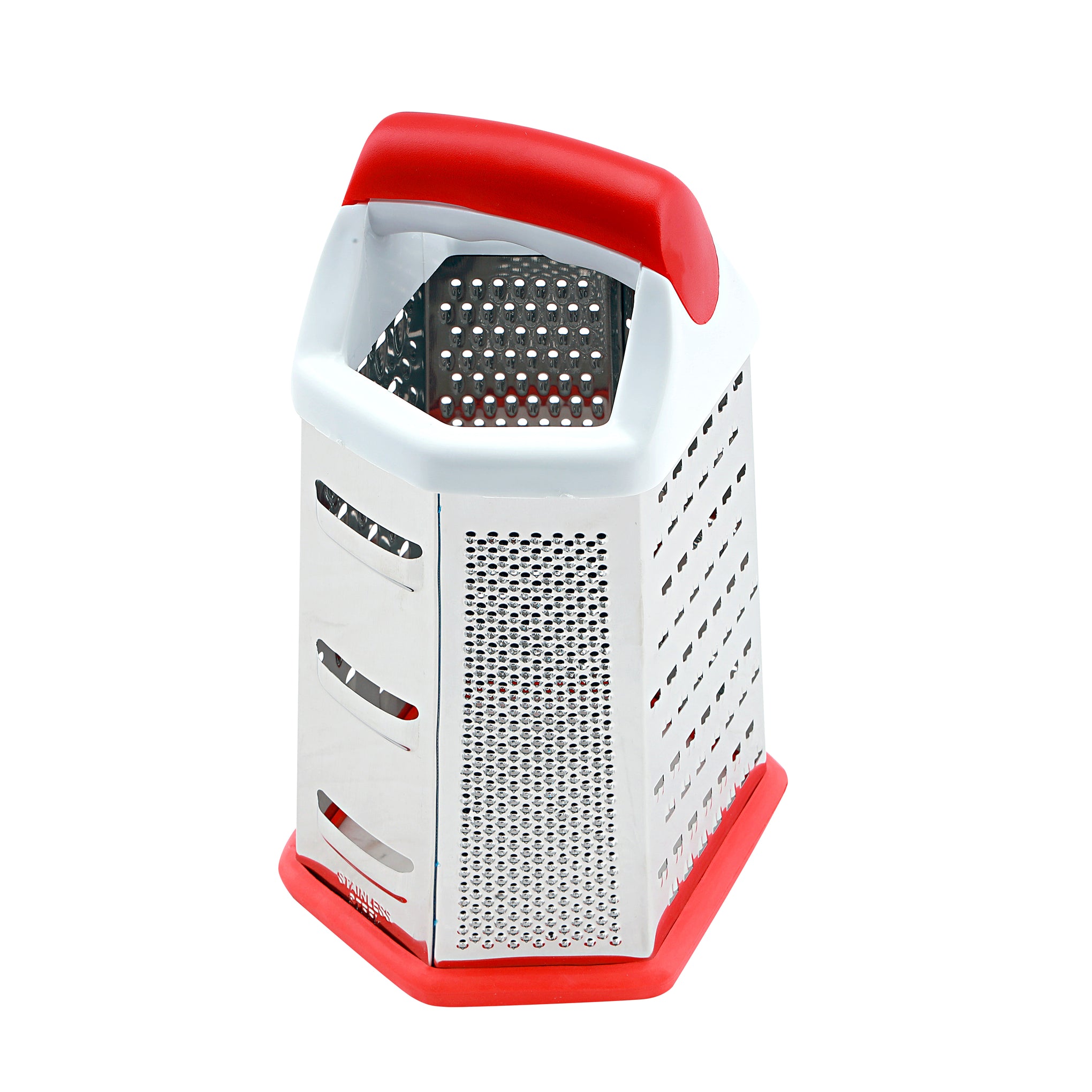 6 Sided Grater Stainless Steel Multiple Cutting Style With 4 Different Blades Dishwasher Safe 14.7X11.7X22.7Cm Multicolor Silver With White And Red Handle