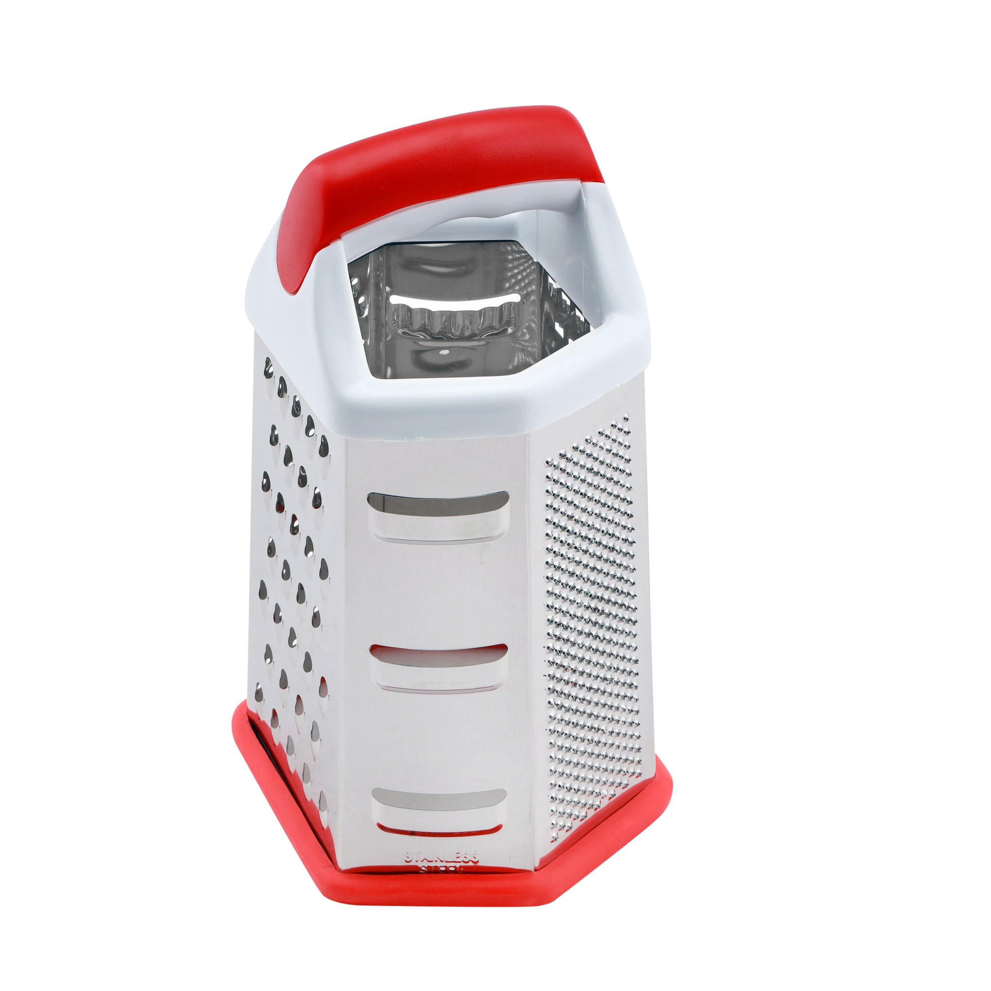 6 Sided Grater Stainless Steel Multiple Cutting Style With 4 Different Blades Dishwasher Safe 14.7X11.7X22.7Cm Multicolor Silver With White And Red Handle