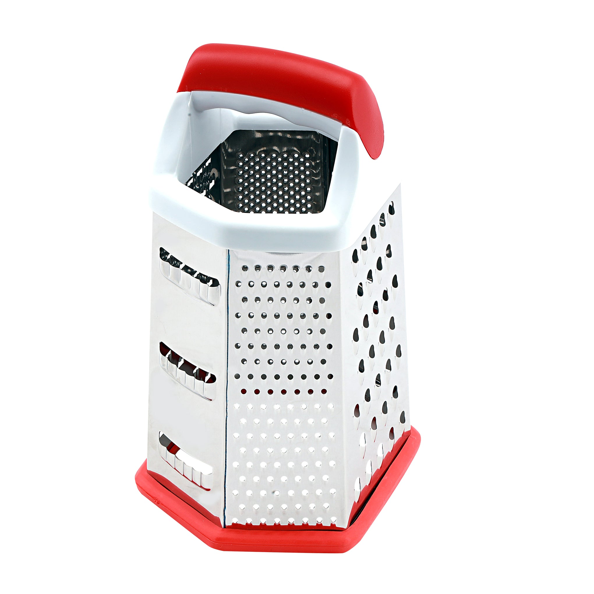 6 Sided Grater Stainless Steel Multiple Cutting Style With 4 Different Blades Dishwasher Safe 14.7X11.7X22.7Cm Multicolor Silver With White And Red Handle