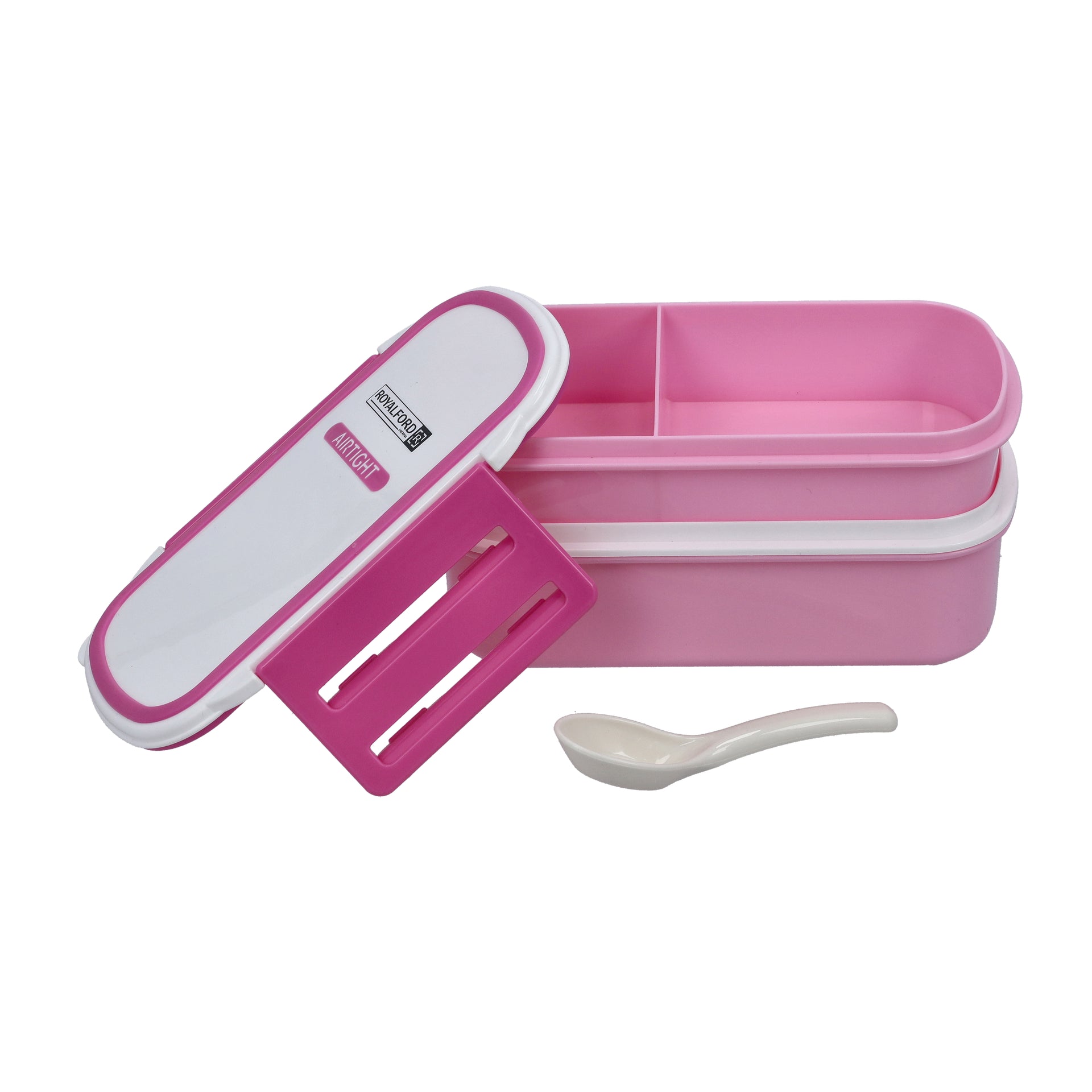 2Layer Airtight Lunch Box 1+2 Compartments With Spoon Bpa Free 100% Food Grade Meterial Pink/White 1.4Liters