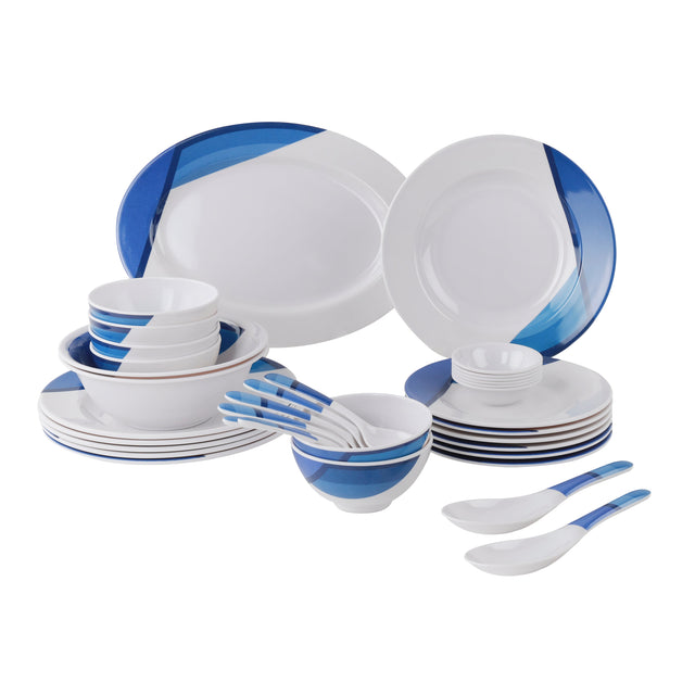 35-Piece Melamine Dinner Set RF6971 | White & Blue | Food-Grade, Dishwasher Safe & Break Resistant