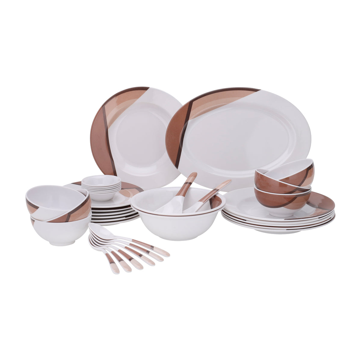 Royalford 35 Piece Melamine Ware Dinner Set| Includes Oval Plate, Deep Plates, Dinner Plates, Round Bowls, Small Dishes, Rice Spoons and Soup Spoons| Top-Rack Dishwasher-Safe and Freezer-Friendly| Eco-Friendly and Food-Grade| Brown and White