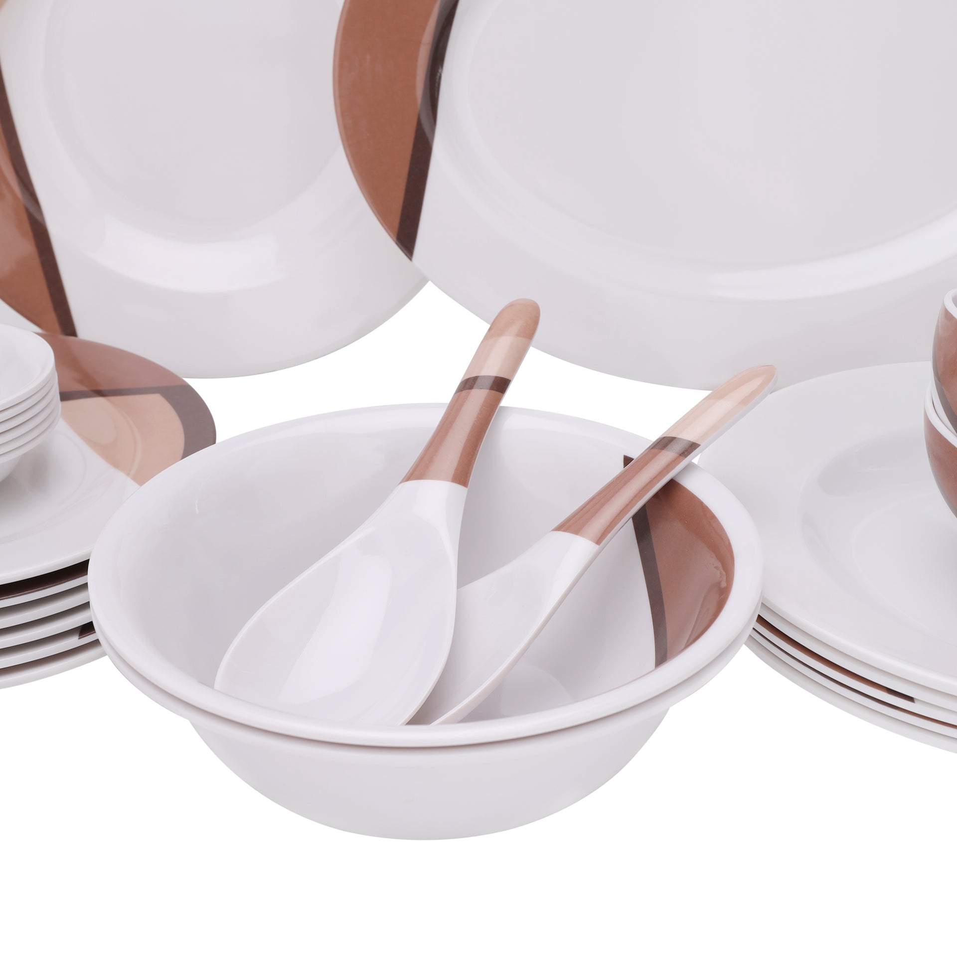 Royalford 35 Piece Melamine Ware Dinner Set| Includes Oval Plate, Deep Plates, Dinner Plates, Round Bowls, Small Dishes, Rice Spoons and Soup Spoons| Top-Rack Dishwasher-Safe and Freezer-Friendly| Eco-Friendly and Food-Grade| Brown and White