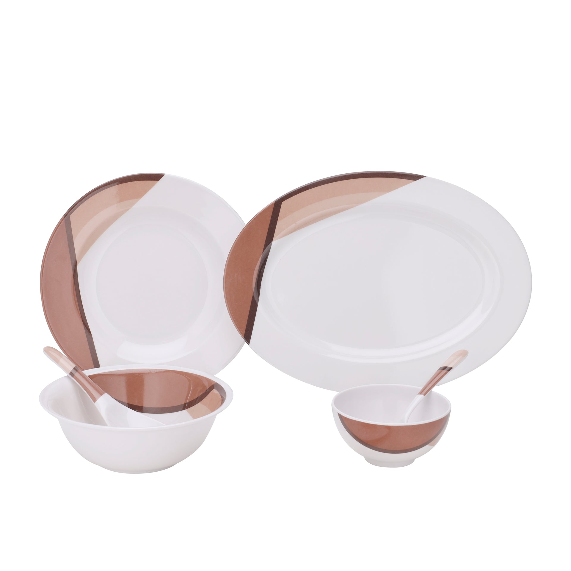 Royalford 35 Piece Melamine Ware Dinner Set| Includes Oval Plate, Deep Plates, Dinner Plates, Round Bowls, Small Dishes, Rice Spoons and Soup Spoons| Top-Rack Dishwasher-Safe and Freezer-Friendly| Eco-Friendly and Food-Grade| Brown and White