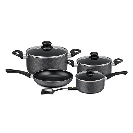 8-Piece Non-Stick Cookware Set Aluminum | Scratch-Resistant Non-Stick Coating with CD Bottom | Tempered Glass Lids, Heat-Resistant Bakelite Handles & Knobs Dark Black