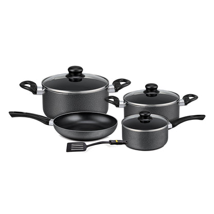 8-Piece Non-Stick Cookware Set Aluminum | Scratch-Resistant Non-Stick Coating with CD Bottom | Tempered Glass Lids, Heat-Resistant Bakelite Handles & Knobs Dark Black