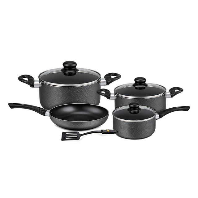 8-Piece Non-Stick Cookware Set Aluminum | Scratch-Resistant Non-Stick Coating with CD Bottom | Tempered Glass Lids, Heat-Resistant Bakelite Handles & Knobs Dark Black