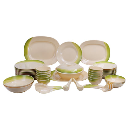 64 Piece Melamineware Dinner Set RF8101 Oval Plates Dinner Plates Dessert Plates Round Bowls Soup Bowls Rice Spoons and Spoons Beige/Green