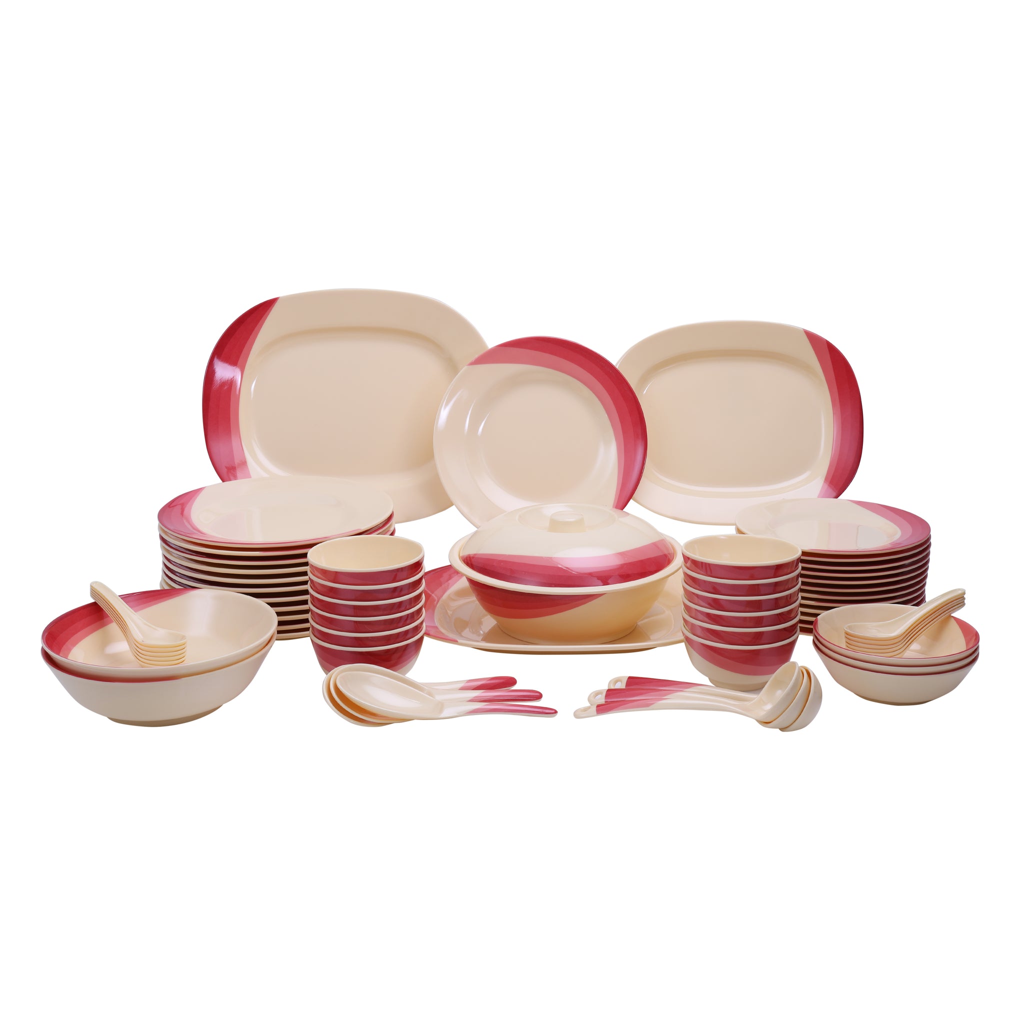 64-Piece Melamine Dinner Set With 1X30Cm Oval Plate,2X36Cm Oval Plates,12X25Cm Dinner Plates,12X20Cm Dessert Plates,2X23Cm Bowls With Lid,3X15Cm Bowls,12X11Cm Soup Bowls,3X22Cm Rice Spoons,3X20Cm Spoons,12X14Cm Spoons,Serves 12,Multicolor Orange 11.6kg
