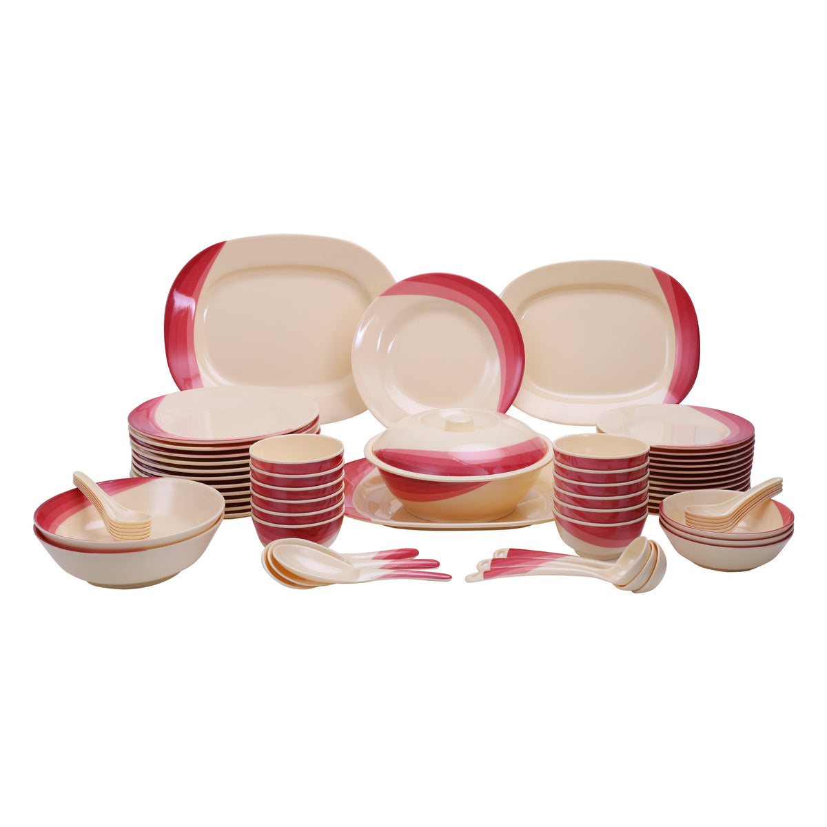 64-Piece Melamine Dinner Set With 1X30Cm Oval Plate,2X36Cm Oval Plates,12X25Cm Dinner Plates,12X20Cm Dessert Plates,2X23Cm Bowls With Lid,3X15Cm Bowls,12X11Cm Soup Bowls,3X22Cm Rice Spoons,3X20Cm Spoons,12X14Cm Spoons,Serves 12,Multicolor Orange 11.6kg