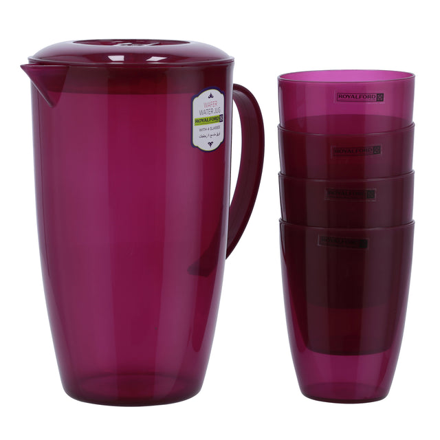 Royalford 2-Litre Wafer Water Jug with 4 Glasses - Portable Multi-Purpose Colourful Jug with Lid for Water Picnic Juice, Durable Plastic, Spill-Proof Lid | Household, club, pub, bar, coffee shop, restaurant & More (Purple)