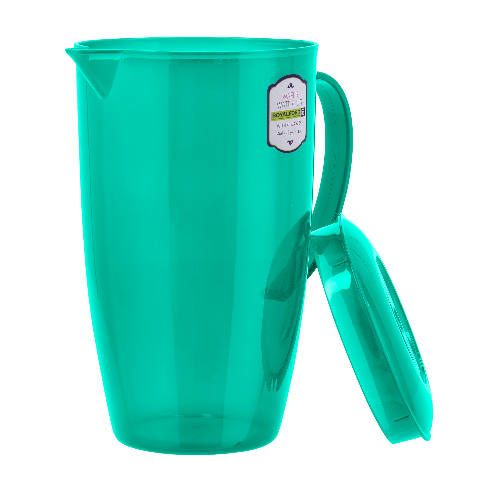 Royalford 2-Litre Wafer Water Jug with 4 Glasses - Portable Multi-Purpose Colourful Jug with Lid for Water Picnic Juice, Durable Plastic, Spill-Proof Lid | Household, club, pub, bar, coffee shop, restaurant & More (Purple)