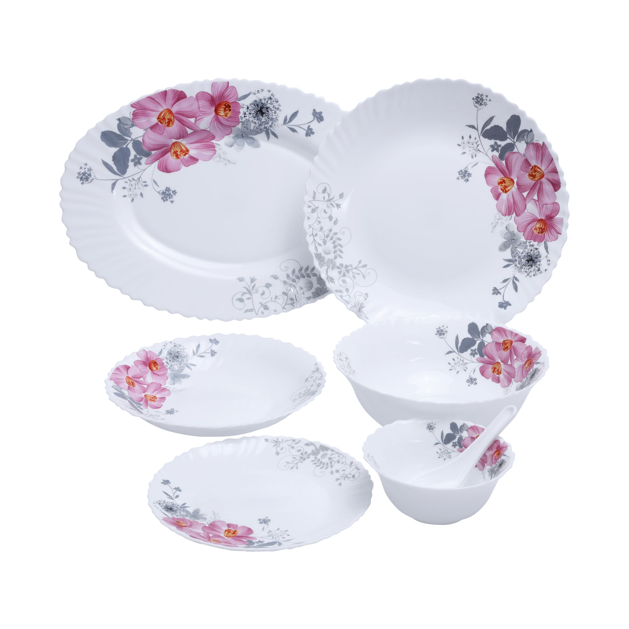 33-Piece Opalware Dinner Set White/Pink/Green Oval Plate 13 inch, Dinner Plate 6x10.5 inch, Soup Plate 6x8.5 inch, Flat Plate 6x7.5 inch, Salad Bowl 2x8 inch, Salad Bowl 6x5inch