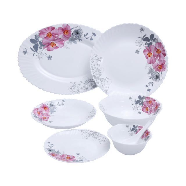 33-Piece Opalware Dinner Set White/Pink/Green Oval Plate 13 inch, Dinner Plate 6x10.5 inch, Soup Plate 6x8.5 inch, Flat Plate 6x7.5 inch, Salad Bowl 2x8 inch, Salad Bowl 6x5inch