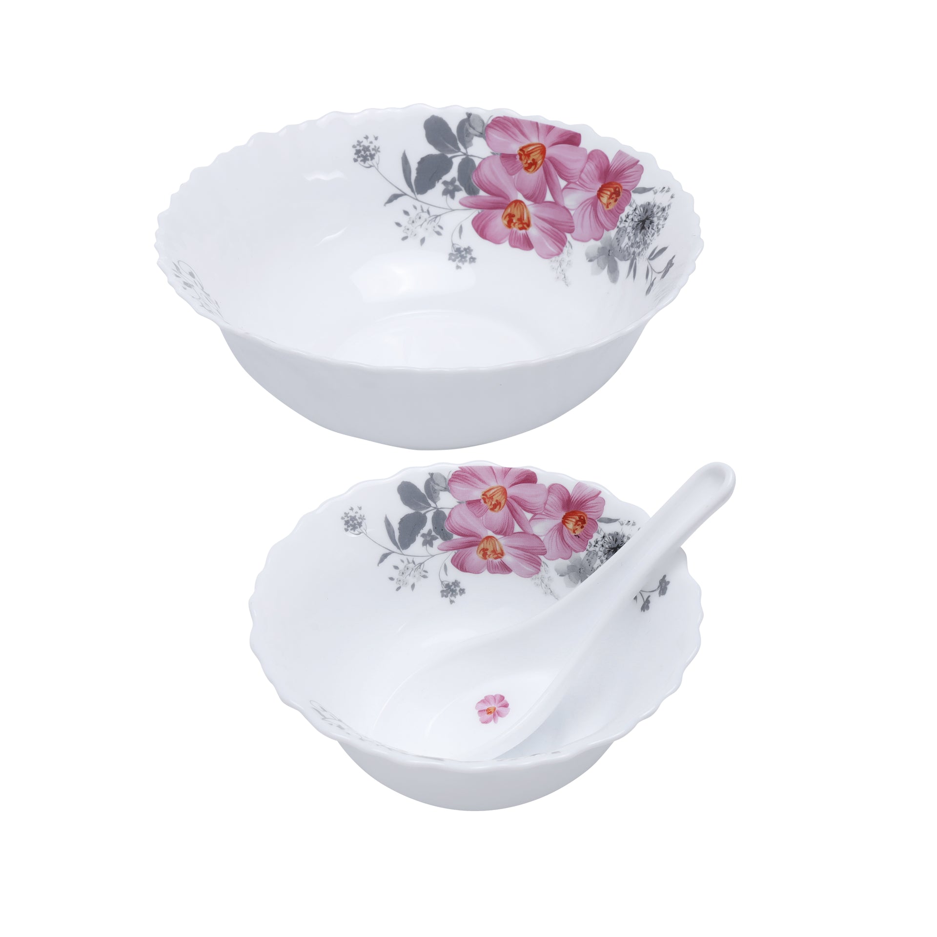 33-Piece Opalware Dinner Set White/Pink/Green Oval Plate 13 inch, Dinner Plate 6x10.5 inch, Soup Plate 6x8.5 inch, Flat Plate 6x7.5 inch, Salad Bowl 2x8 inch, Salad Bowl 6x5inch