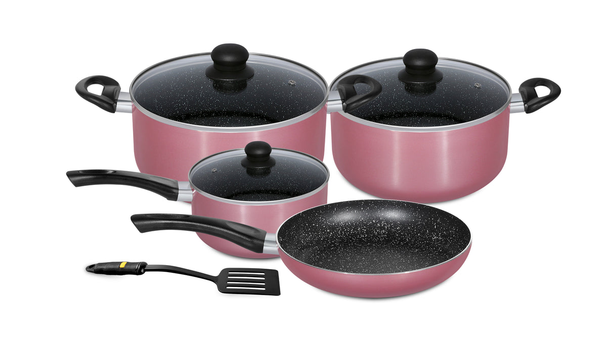 8-Piece Aluminium Cookware Set RF9437 | Granite Non-Stick Coating | Glass Lids | Induction Compatible | Pink