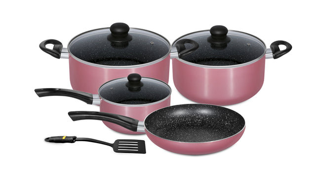 8-Piece Aluminium Cookware Set RF9437 | Granite Non-Stick Coating | Glass Lids | Induction Compatible | Pink