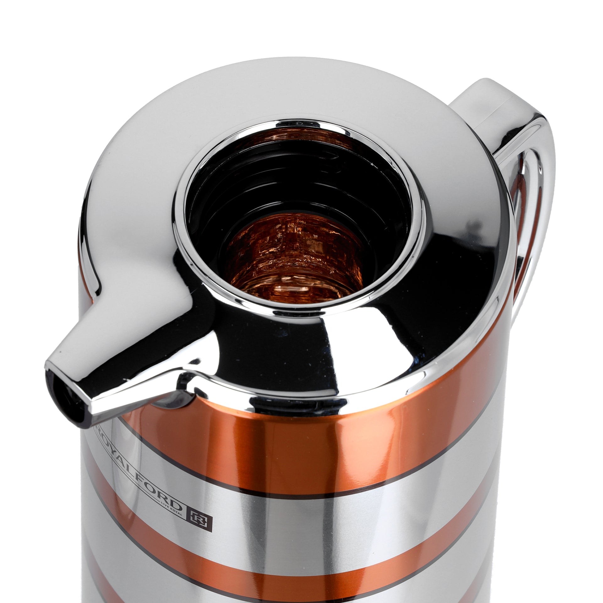 Royalford RF9590 1.9L Double Wall Golden Figured Vacuum Flask - Portable Heat Insulated Thermos Hot/Cold Long Hours Retention | Push Button | Coffee, Hot Water, Tea, Beverage | Ideal for Commercial & Outings Silver/Orange
