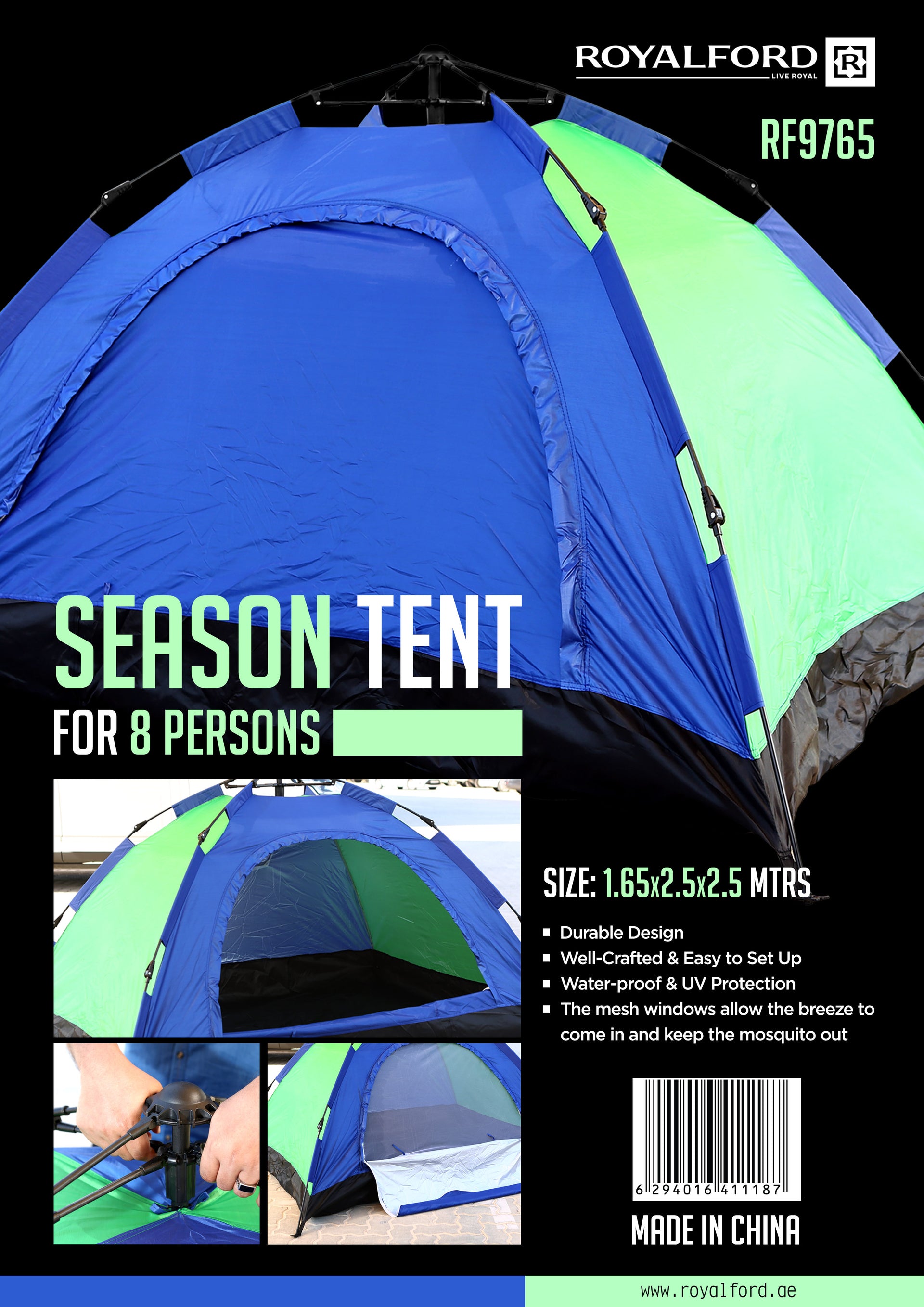 Ideal for 8 Person Royalford  Season Tent Portable UV/ Waterproof Camping ,Ventilated Mesh Window  , Perfect for camping, hiking, backpacking or festivals