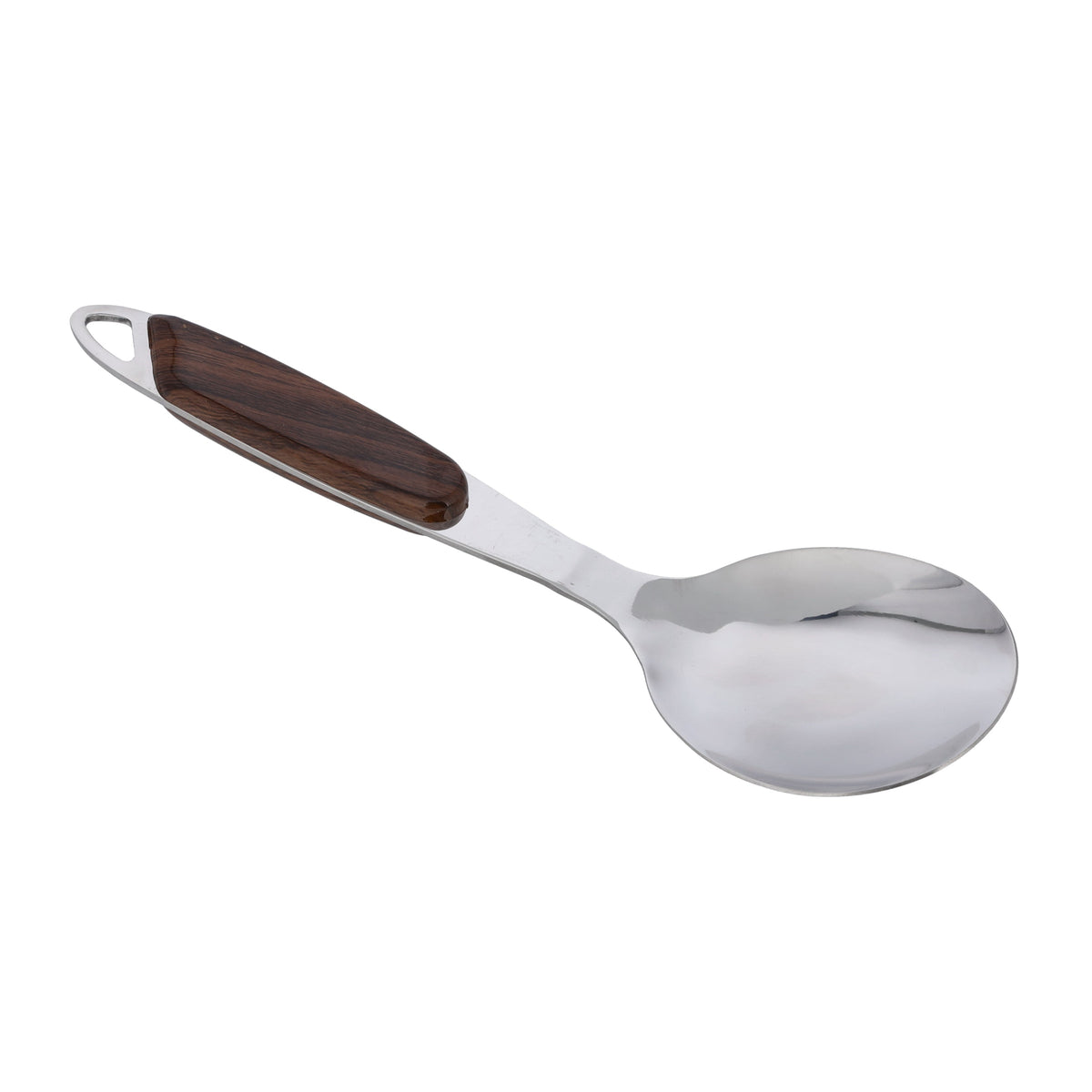 Stainless Steel Rice Serving Spoon | Long Handle Cooking Spoon with Wooden Finish Grip | Deep Bowl Serving Utensil for Rice, Curry & Cooking