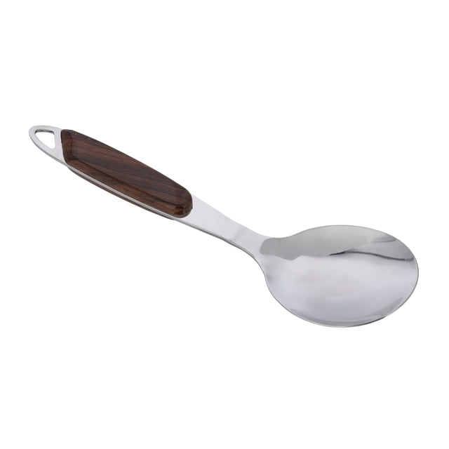 Stainless Steel Rice Serving Spoon | Long Handle Cooking Spoon with Wooden Finish Grip | Deep Bowl Serving Utensil for Rice, Curry & Cooking