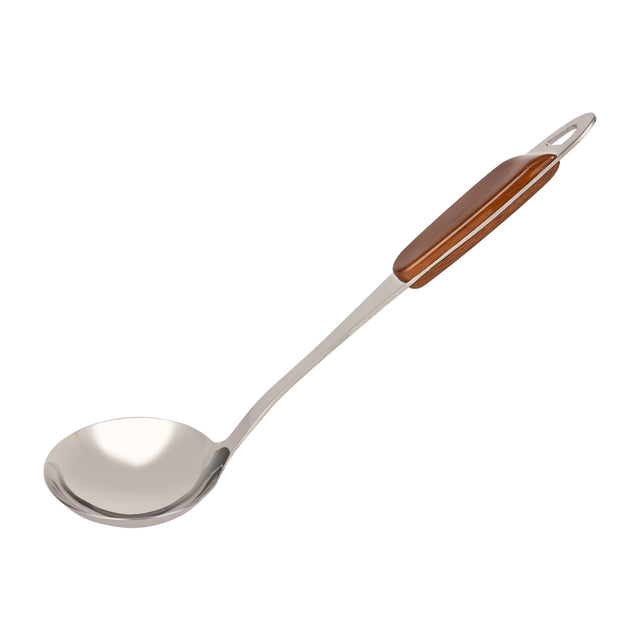 Stainless Steel Ladle with Wooden Finish Handle | Professional Soup Ladle with Hanging Loop | Long Handle Serving Spoon for Soup, Gravy, Sauce & Curry
