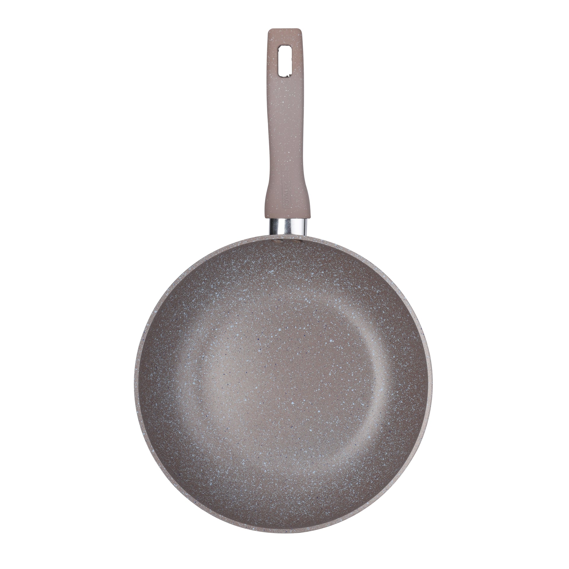 Royalford 28 CM Smart Wok Pan with Marble Coating- RF9841 Forged Aluminum Body with 3.8 MM Extra Thick Bottom Induction Compatible and Soft Touch Handle PFOA-Free and PTFE-Free Brown Beige