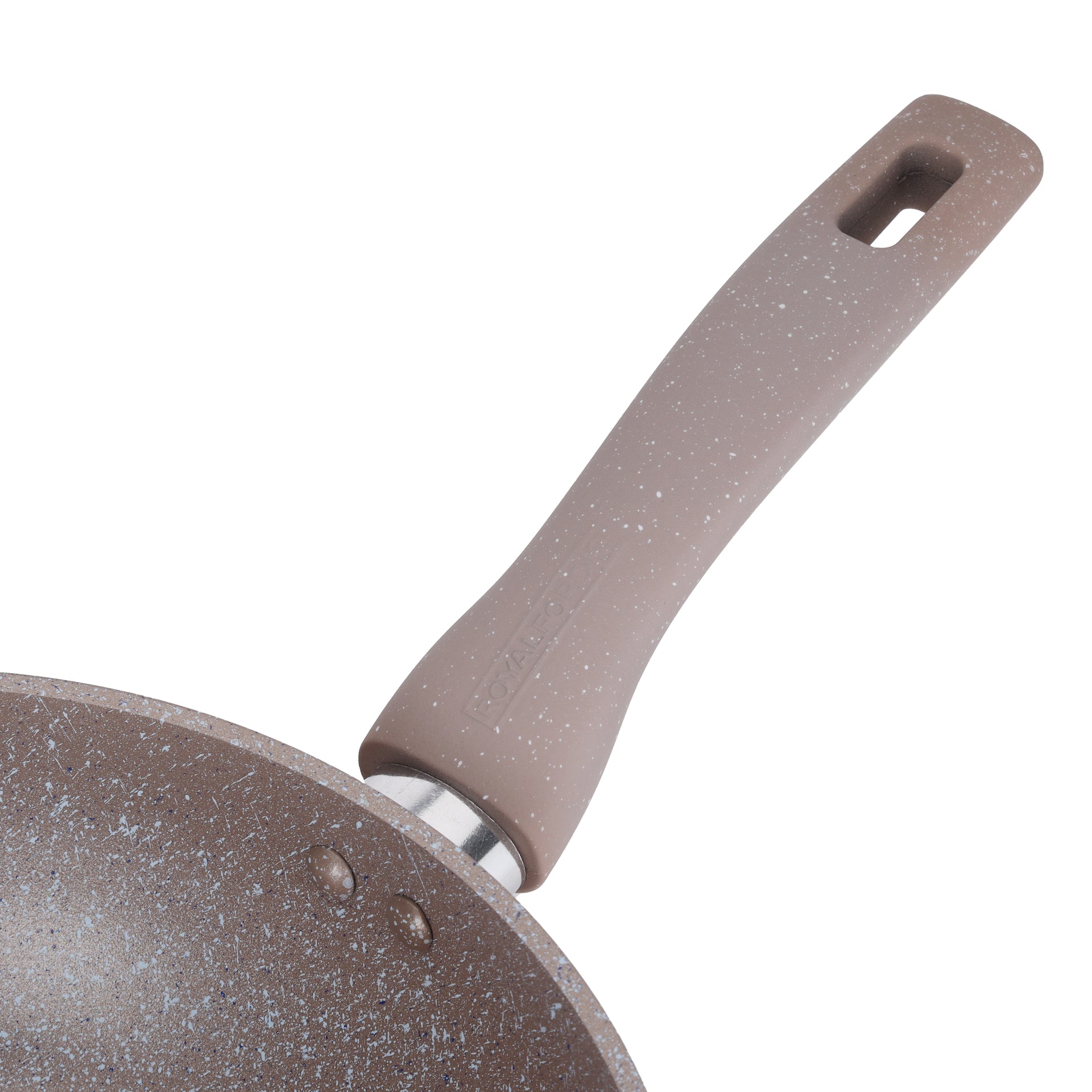 Royalford 28 CM Smart Wok Pan with Marble Coating- RF9841 Forged Aluminum Body with 3.8 MM Extra Thick Bottom Induction Compatible and Soft Touch Handle PFOA-Free and PTFE-Free Brown Beige