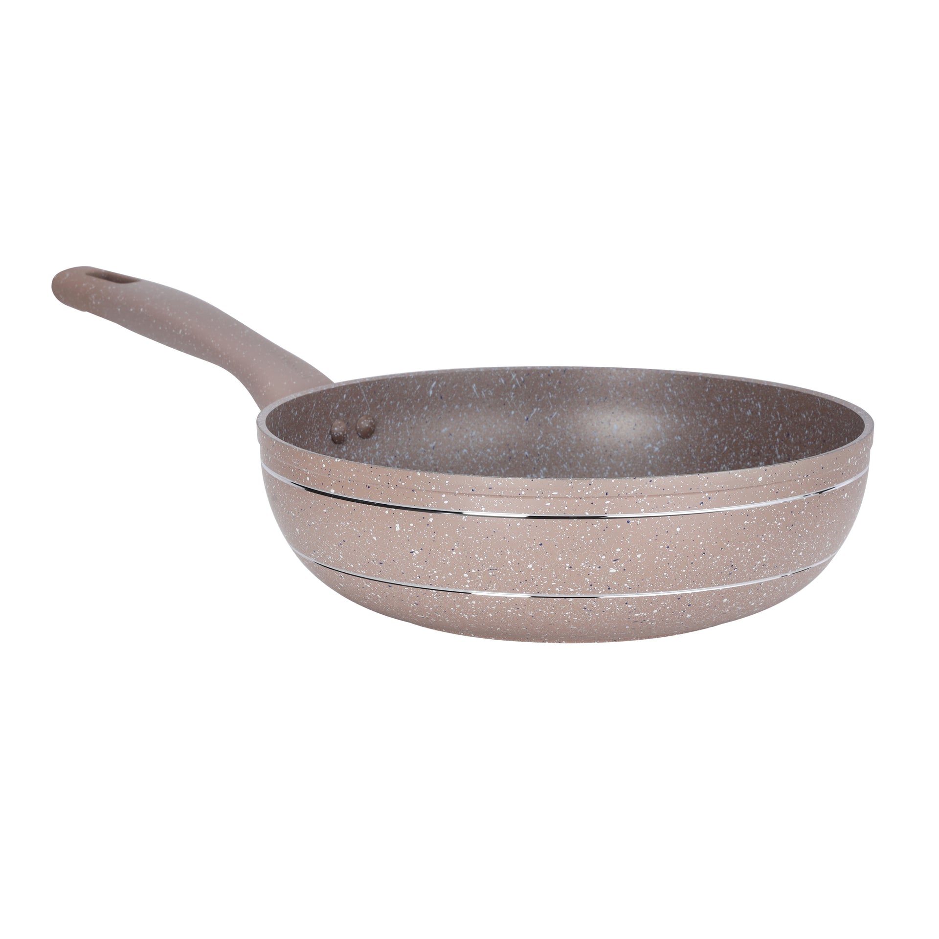 Royalford 28 CM Smart Wok Pan with Marble Coating- RF9841 Forged Aluminum Body with 3.8 MM Extra Thick Bottom Induction Compatible and Soft Touch Handle PFOA-Free and PTFE-Free Brown Beige