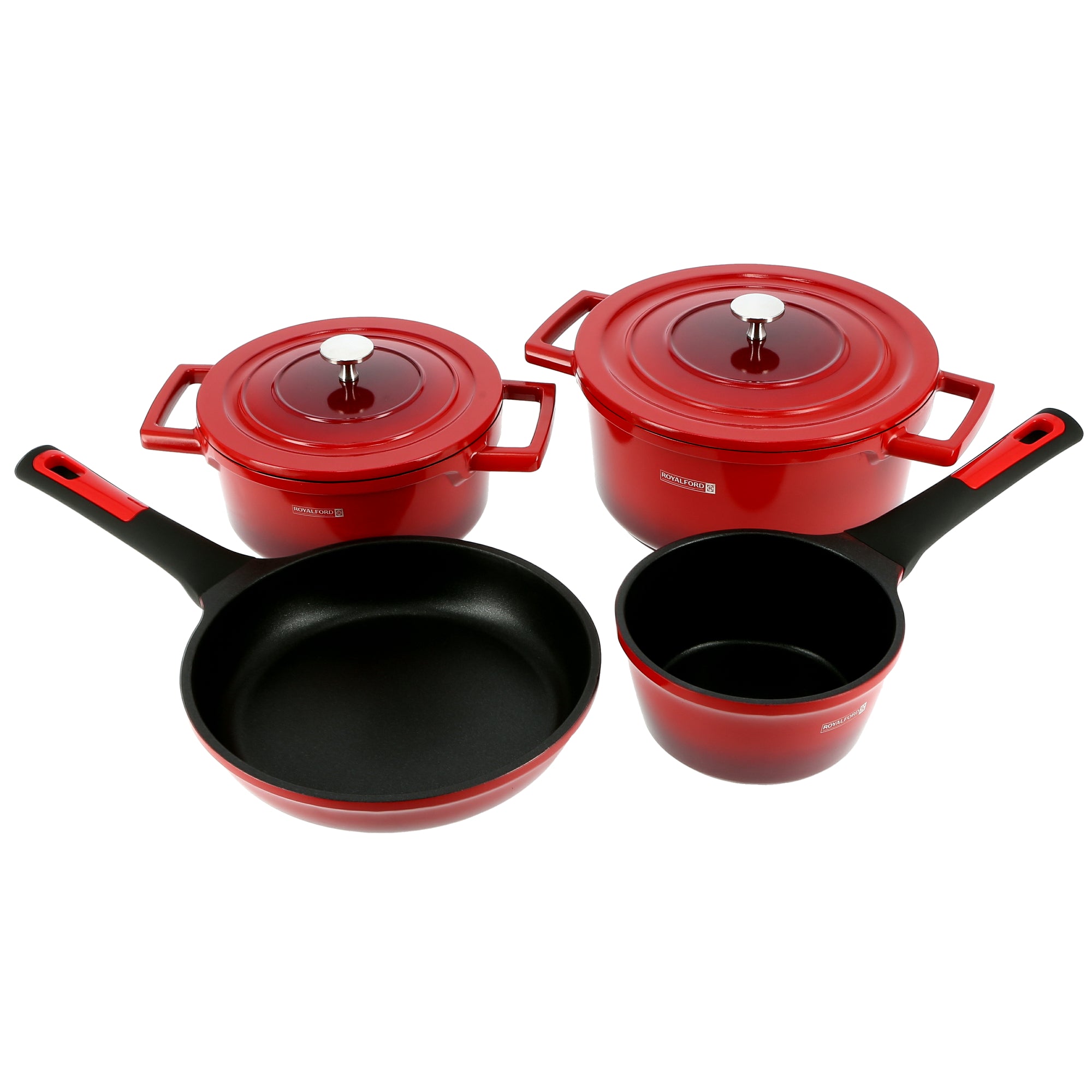 Royalford 6piece Cast Aluminium Cookware Set, Red, RF9845 Cast Aluminium, Non Stick Coated Interior, Fry Pan, Casserole, Saucepan