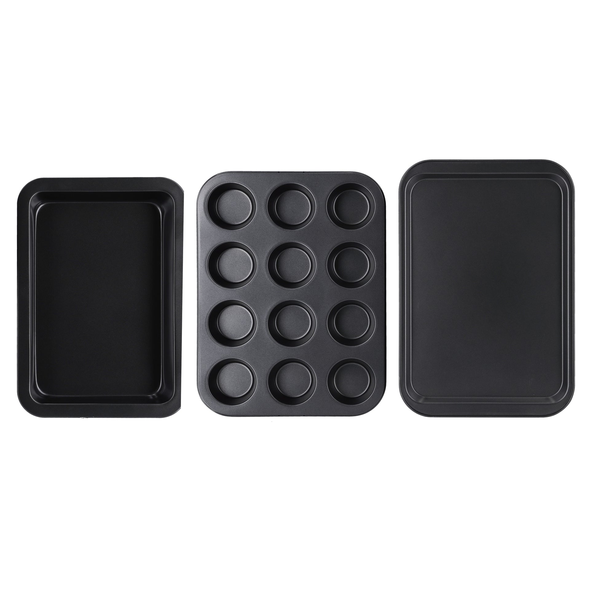 3-Piece Baking Set Cookie Sheet 1Pc Size: 37X25.5X1.6 Cm, Thickness: 0.4 Mm 12 Cups Muffin Pan 1Pc Size: 35X26.5X3 Cm, Thickness: 0.4 Mm Roaster Pan 1Pc Size: 34.5X24X4.5 Cm, Thickness: 0.5 Mm Black 37cm