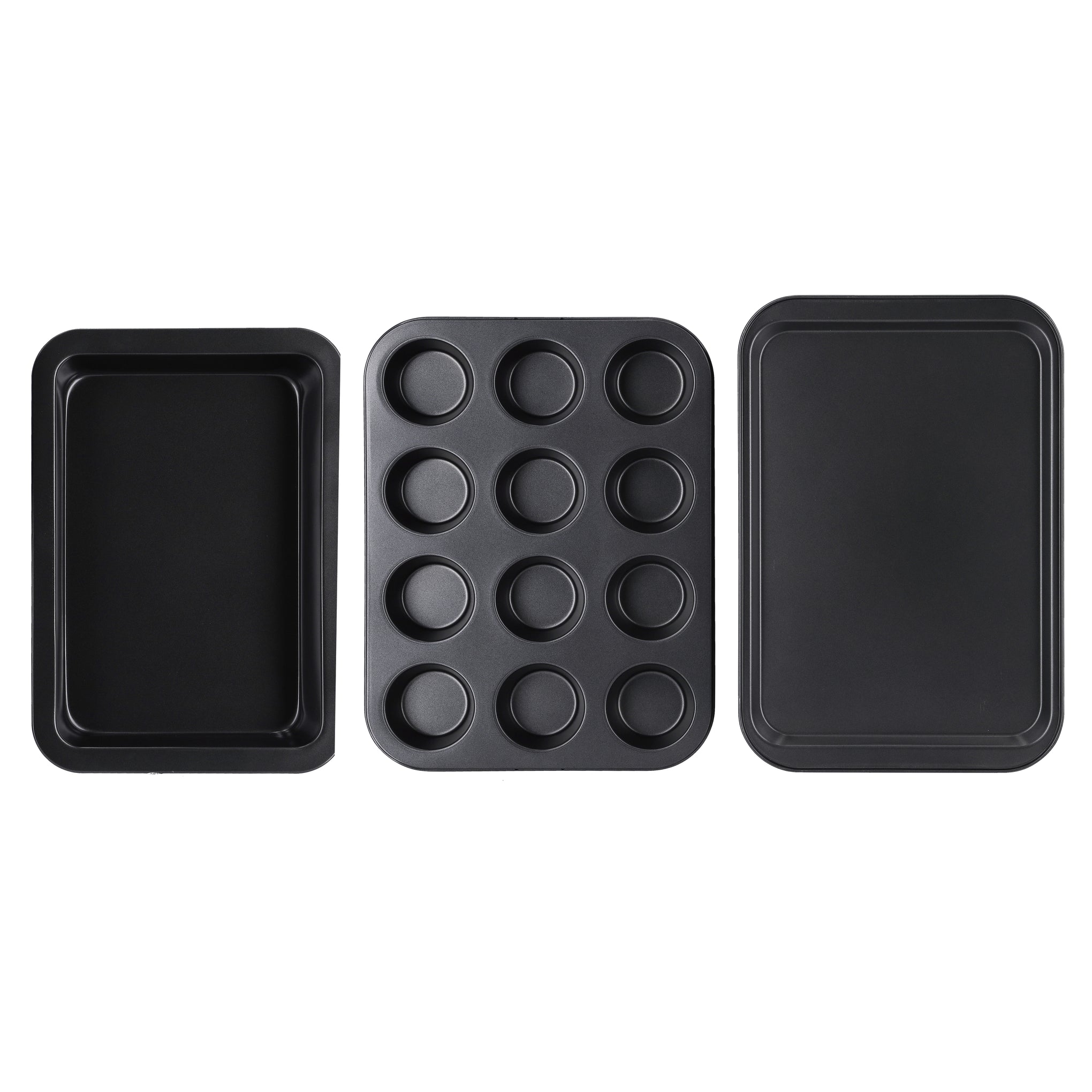 3-Piece Baking Set Cookie Sheet 1Pc Size: 37X25.5X1.6 Cm, Thickness: 0.4 Mm 12 Cups Muffin Pan 1Pc Size: 35X26.5X3 Cm, Thickness: 0.4 Mm Roaster Pan 1Pc Size: 34.5X24X4.5 Cm, Thickness: 0.5 Mm Black 37cm