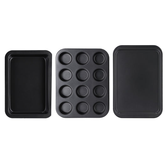 3-Piece Baking Set Cookie Sheet 1Pc Size: 37X25.5X1.6 Cm, Thickness: 0.4 Mm 12 Cups Muffin Pan 1Pc Size: 35X26.5X3 Cm, Thickness: 0.4 Mm Roaster Pan 1Pc Size: 34.5X24X4.5 Cm, Thickness: 0.5 Mm Black 37cm