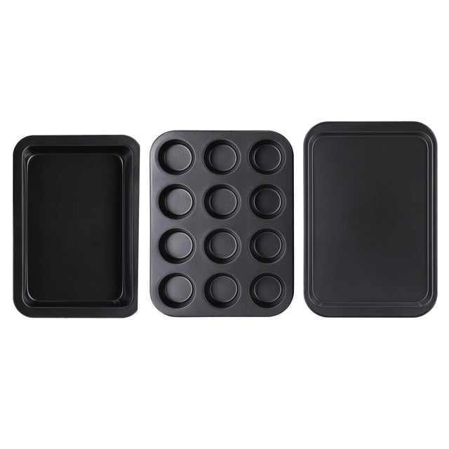3-Piece Baking Set Cookie Sheet 1Pc Size: 37X25.5X1.6 Cm, Thickness: 0.4 Mm 12 Cups Muffin Pan 1Pc Size: 35X26.5X3 Cm, Thickness: 0.4 Mm Roaster Pan 1Pc Size: 34.5X24X4.5 Cm, Thickness: 0.5 Mm Black 37cm