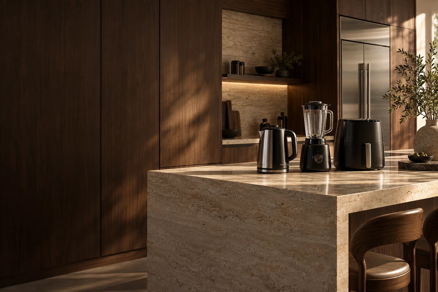 Warm contemporary kitchen with everyday appliances on a stone island