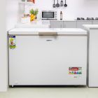 Geepas Chest Freezer- GCF370WSH| Storage Capacity: 11.2 CUBIC FEET, Frozen Temperature: 18-Degrees Celsius| HCF and FCKW Free| Highly Efficient Monolithic Foaming and Compressor Switch Off Function| Includes Lock and Key and 2 Food Baskets| White