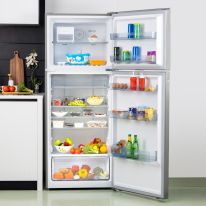 Geepas Double Door No-Frost Refrigerator- GRF5202SXHN|420L | 14.9Cu.Ft Capacity | Multi-Airflow with Digital Temperature Control| LED Interior Light and Unbreakable Glass Shelves| Large Crisper Drawer and Humidity Control| Silver| 2 Years Warranty